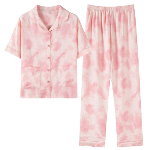 雲朵棉短袖長褲翻領睡衣女夏季甜美春秋可外穿休閒大碼家居服套裝