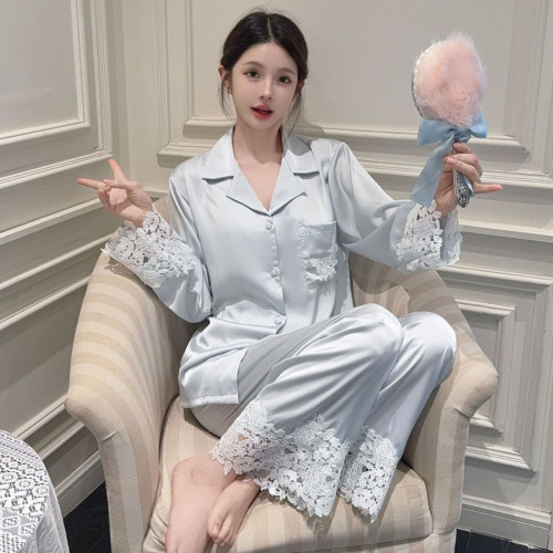 冰絲睡衣女2025新款春秋季高級感花邊拼接緞面可外穿長袖家居套裝