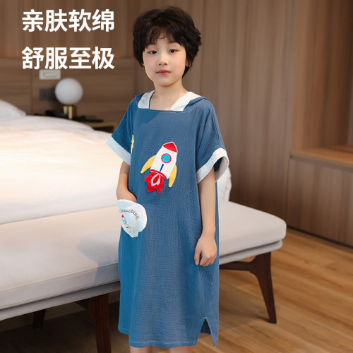 2025春夏兒童鬭篷新款睡裙中長款短袖薄款家居服純棉鬭篷印花睡衣