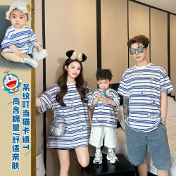 親子裝夏季t恤2025新款多巴胺一家三四口母子母女條紋嬰兒純棉T潮