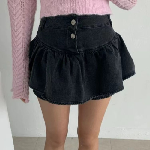 韓國東大門女裝高貨新款女裝內搭短褲牛仔個性花苞寬擺短裙