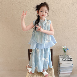 女童無袖旗袍套裝2025夏款大童國風薄款漢服冰絲新中式背心濶