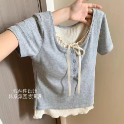 兒童夏季假兩件正肩短袖甜美可愛設計感小衆顯瘦百搭上衣0220A045