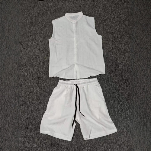 夏季歐美男裝背心襯衫休閒寬松無袖短褲沙灘套裝