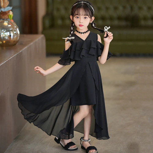 女童連衣裙夏季2025新款兒童雪紡裙露肩中長款洋氣小女孩碎花裙子