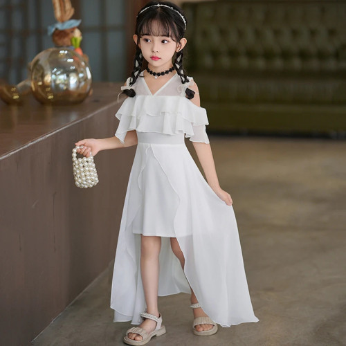 女童連衣裙夏季2025新款兒童雪紡裙露肩中長款洋氣小女孩碎花裙子