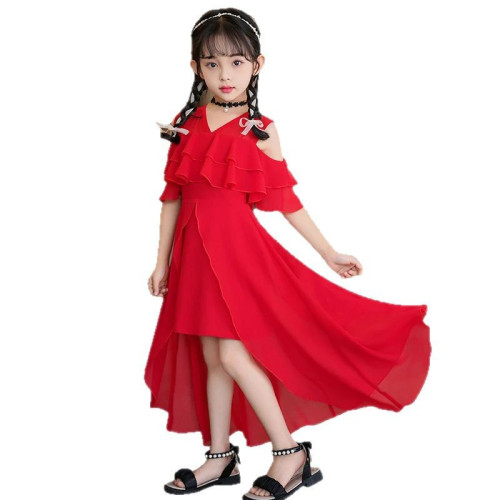 女童連衣裙夏季2025新款兒童雪紡裙露肩中長款洋氣小女孩碎花裙子