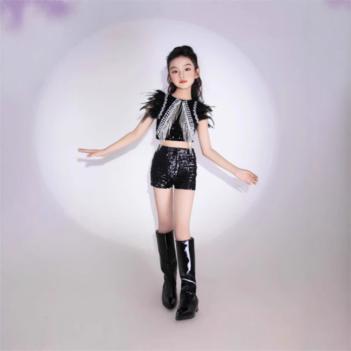 女童黑色亮片T台走秀服大玩家潮服拖尾PK賽服疾風運動8酷帥9套裝7