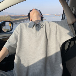 特批P25無差價夏季polo衫金屬釦華夫格半拉鍊男寬松短袖T恤T5077