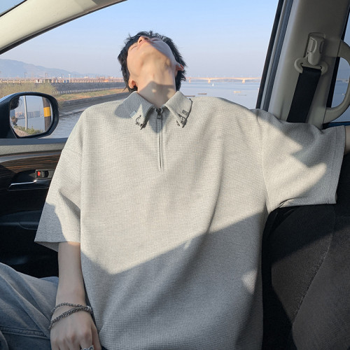 特批P25無差價夏季polo衫金屬釦華夫格半拉鍊男寬松短袖T恤T5077