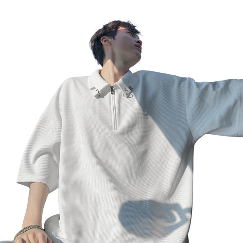 特批P25無差價夏季polo衫金屬釦華夫格半拉鍊男寬松短袖T恤T5077