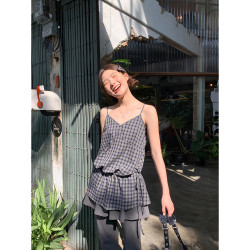 你好卡農 綁帶收腰格子長款吊帶背心女夏2025新款小個子休閒上衣