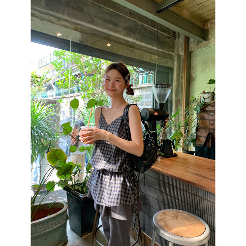 你好卡農 綁帶收腰格子長款吊帶背心女夏2025新款小個子休閒上衣