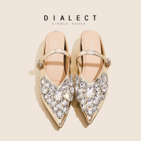 3333-7 尖頭涼鞋新款水鑽一字帶一腳蹬懶人鞋軟底內增高單鞋