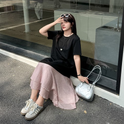 大碼連衣裙胖mm女裝2025年夏季新款拼接撞色長裙寬松韓系裙子8852