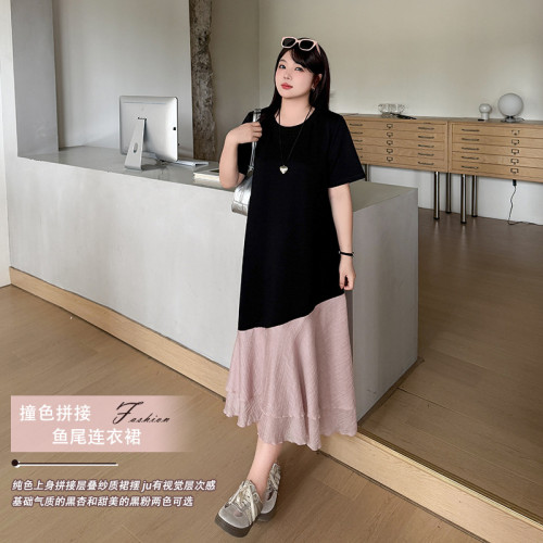 大碼連衣裙胖mm女裝2025年夏季新款拼接撞色長裙寬松韓系裙子8852
