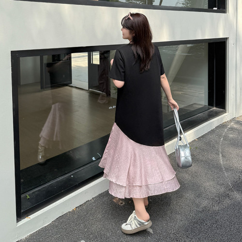 大碼連衣裙胖mm女裝2025年夏季新款拼接撞色長裙寬松韓系裙子8852