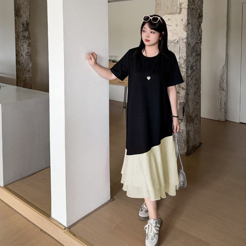 大碼連衣裙胖mm女裝2025年夏季新款拼接撞色長裙寬松韓系裙子8852