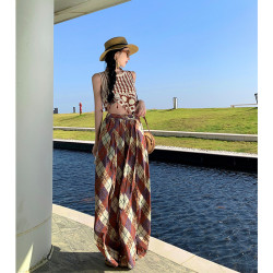 日韓度假旅遊綠色格子褲長褲高腰松緊濶腿褲+流蘇針織小上衣