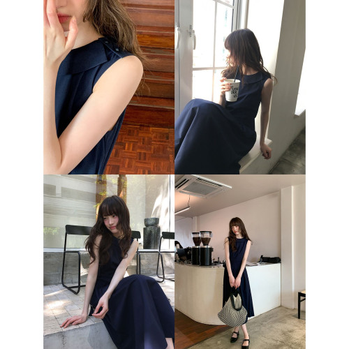 你好卡農 設計感系帶圓領背心連衣裙女夏新款高腰顯瘦氣質a字長裙