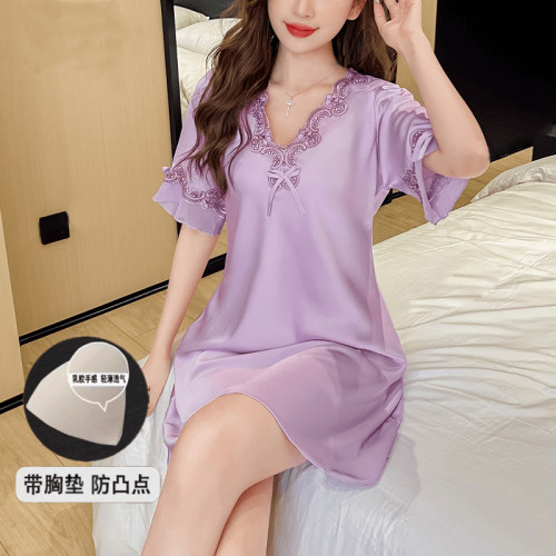 帶胸墊睡衣女夏季冰絲綢薄款短袖春秋真絲性感寬松大碼睡裙家居服