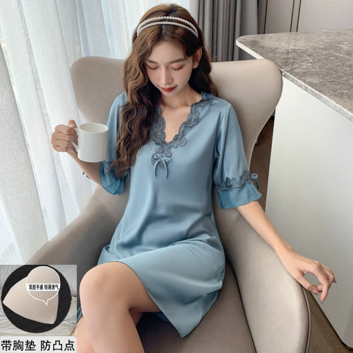 帶胸墊睡衣女夏季冰絲綢薄款短袖春秋真絲性感寬松大碼睡裙家居服