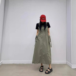 韓國chic夏季小衆設計款方領抽繩系帶收腰顯瘦大口袋背帶連衣裙女