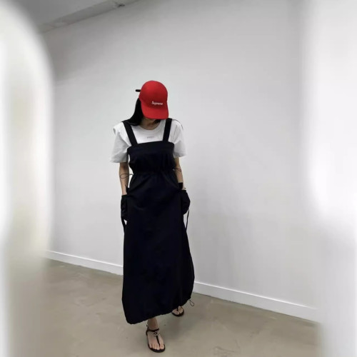 韓國chic夏季小衆設計款方領抽繩系帶收腰顯瘦大口袋背帶連衣裙女