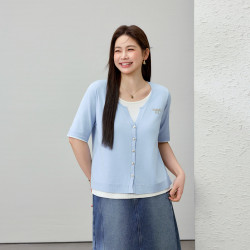 【慵懶風假兩件設計感顯瘦針織衫】纖莉秀大碼女裝胖mm2025夏新款