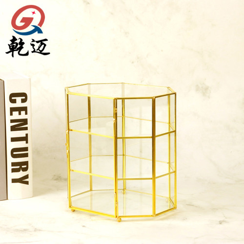 防塵多層玻璃化妝，首飾收納盒，金色托盤玻璃水果盤鐵藝鏡