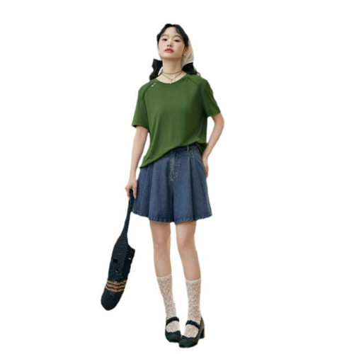 濶色復古高腰百褶牛仔半身裙褲2025春夏新款女藍色a字短褲子