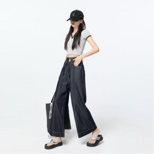 萊賽爾濶腿牛仔褲女高腰2025春夏爆款小個子九分垂感休閒天絲直筒