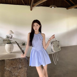 實拍 2025韓chic夏季元氣少女俏皮簡約條紋連衣裙