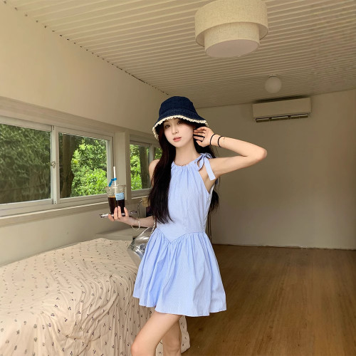 實拍 2025韓chic夏季元氣少女俏皮簡約條紋連衣裙