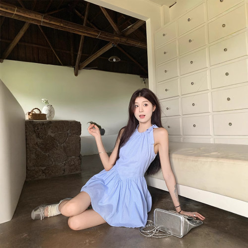 實拍 2025韓chic夏季元氣少女俏皮簡約條紋連衣裙