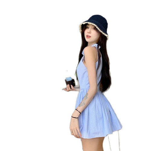 實拍 2025韓chic夏季元氣少女俏皮簡約條紋連衣裙