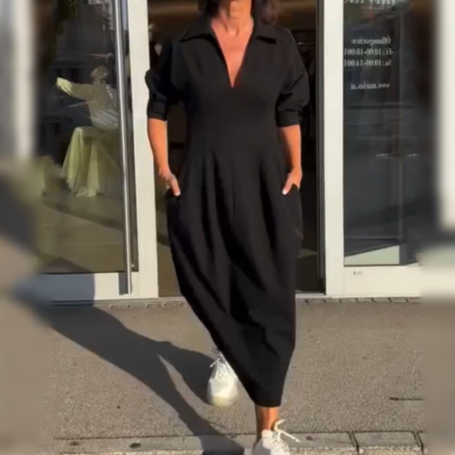 獨立站新款歐美復古寬松中長款V字形領口高腰設計連衣裙女