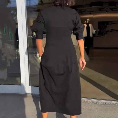 獨立站新款歐美復古寬松中長款V字形領口高腰設計連衣裙女