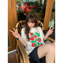 你好卡農 原創番茄印花休閒短袖t恤女夏新款獨特寬松圓領純棉上衣