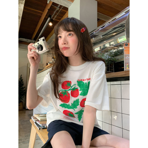 你好卡農 原創番茄印花休閒短袖t恤女夏新款獨特寬松圓領純棉上衣