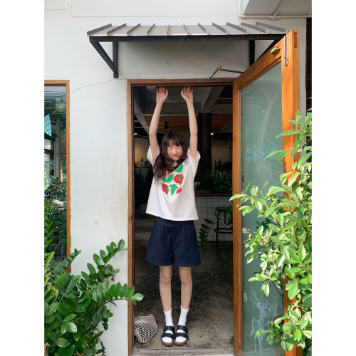 你好卡農 原創番茄印花休閒短袖t恤女夏新款獨特寬松圓領純棉上衣