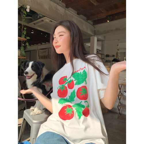 你好卡農 原創番茄印花休閒短袖t恤女夏新款獨特寬松圓領純棉上衣