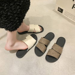春夏平底休閒百搭一字涼拖女鞋拖鞋室外麻布軟底輕便套腳網紅潮流