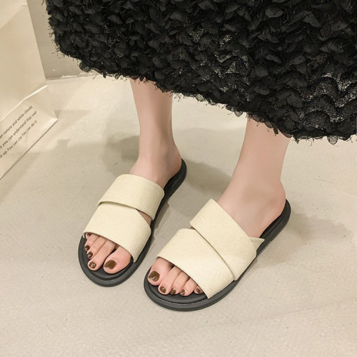 春夏平底休閒百搭一字涼拖女鞋拖鞋室外麻布軟底輕便套腳網紅潮流
