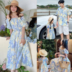 法式親子裝一家三口度假風高級感母女裝連衣裙夏季花襯衫碎花裙洋
