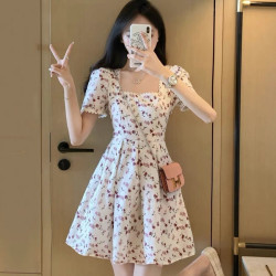 夏季新款法式超仙拼接氣質方領泡泡小個子碎花連衣小清新薄裙子