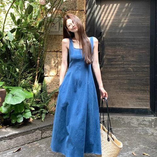 藍霧之戀法式牛仔連衣裙女夏小衆設計感收腰氣質吊帶長裙