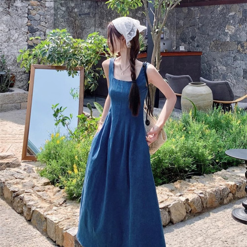 藍霧之戀法式牛仔連衣裙女夏小衆設計感收腰氣質吊帶長裙
