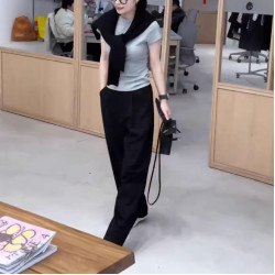 25168大愛美依緣2025新款簡約基礎正肩短袖T恤時尚垂墜感直筒褲女