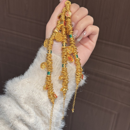 韋雪同款金色小胖福盤纏手鏈琺瑯黃財神國風五路財神手串手鏈